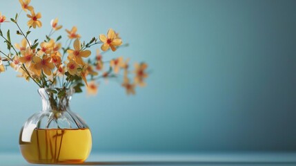 Yellow vase with delicate orange flowers on blue background floral composition soft light home decor elegant