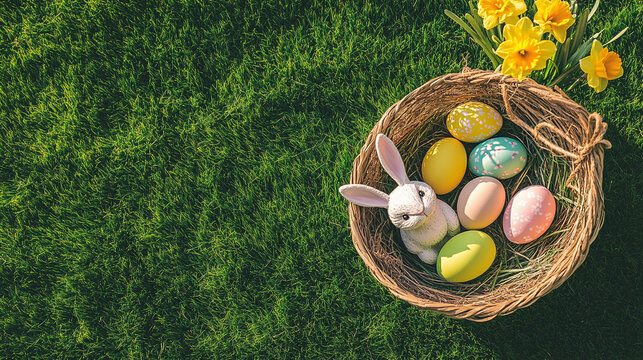 easter bunny egg busket with flower on grass spring celebration