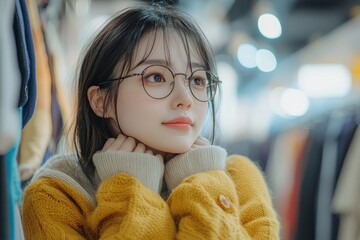 Asian female contemplating outfit choices for a date night, considering style options, Generative AI