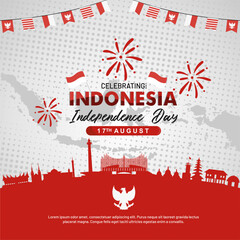 Beautiful 80 years Indonesia Independence Day 2025 greeting template and background with famous landmarks silhouette and festive decoration elements. Dirgahayu Indonesia 2025 vector illustration