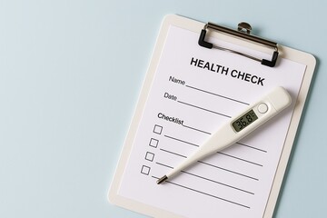 Health check form with digital thermometer on clipboard