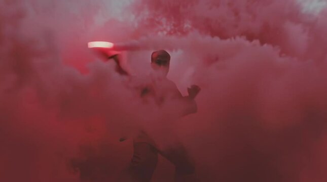 plain white background filled with red fog, visually striking super slow motion photography, ultra realistic, retrofuturism, dream photography, shaolin monk practices kung fu for his training