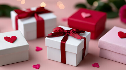 Obraz premium Romantic Valentine’s Day flat lay with gift boxes, satin ribbons, heart confetti, and fairy lights on pink background, valentine flatlay, romantic gift, love theme, pink background, heart shaped dec