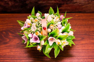 Handmade Spring Flower Soap Bouquet Rustic Wooden Background - Unique Artisan Decor.