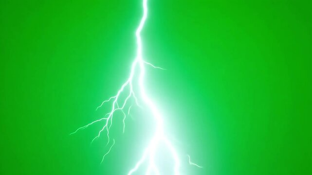 A bright white lightning bolt strikes down against a vibrant green screen background in a visual effect 4k video