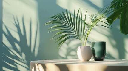 Fototapeta premium Sunlit tropical palm leaves casting shadows on wall summer interior plant decor green freshness sunlight