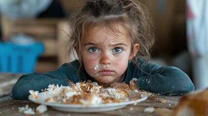 A messy-haired child with big brown eyes is resting her head on a table, covered in cake crumbs and frosting, embodying the joys and chaos of childhood sweetness.