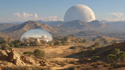 Surreal scene of a glass dome habitat reflecting the rugged lunar mountains under a blazing sun