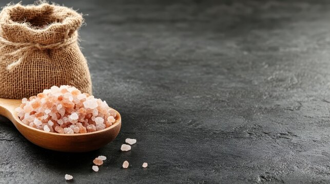 A close-up image showcasing grains of pink Himalayan salt spilling from a rustic wooden spoon with a burlap bag, highlighting natural elements for food enthusiasts and wellness lovers.