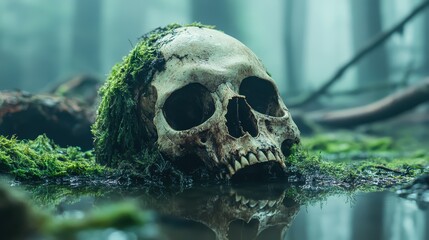 An eerie skull partially submerged in moss and water, set against a foggy forest backdrop, evoking feelings of mystery, nature's cycle, and the passage of time.