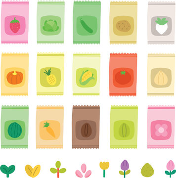 Set of colorful variety of fruit and vegetables seedling pack editable vector design illustration