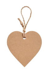 heart-shaped craft tag with twine, isolated on background