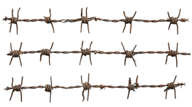 Set of Barbed Wires Isolated on White Background Showing Sharp Edges and Security Concept

