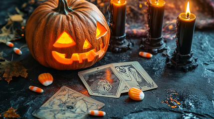 Halloween candy pumpkin and cards and some candles