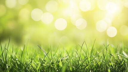 A fresh spring sunny garden background of green grass and blurred foliage bokeh.