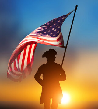 Waving US flag and Revolutionary War soldier against sunset. Independence Day. 3d illustration