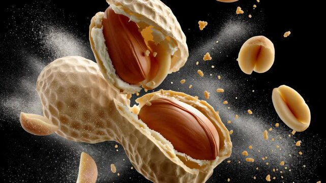 Cracked peanut shell revealing two whole peanuts, surrounded by scattered peanut pieces and dust, against a dark background, showcasing the texture and detail of the nutty snack