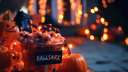 Halloween basket with spiders and pumpkins, spooky celebration