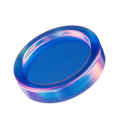 3d iridescent glass coin. Sleek glass coin icon glows with chromatic dispersion. Vector illustration