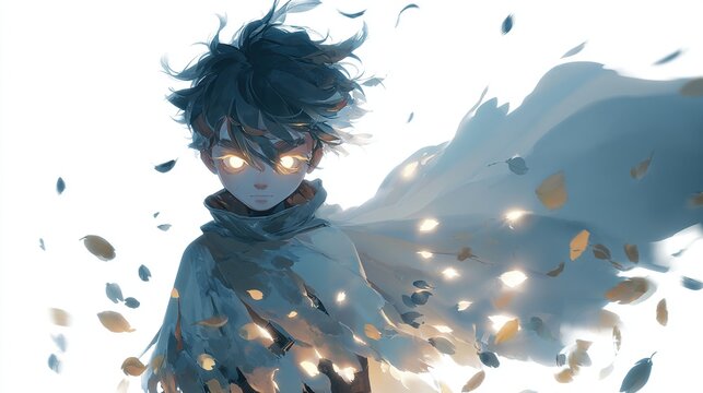 Glowing-eyed youth in ethereal cloak, surrounded by floating light