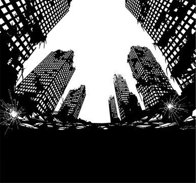 A striking black and white vector silhouette illustration captures a dramatic, low-angle  view of a city in ruins