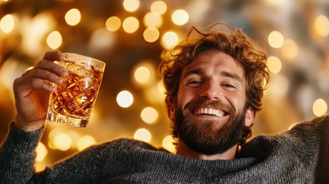 A joyous man raises a glass of whiskey, smiling with a lively bokeh background, encapsulating the essence of celebration and shared happiness with friends.