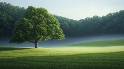 Light fog over a grassy meadow, touched by the early morning sun.