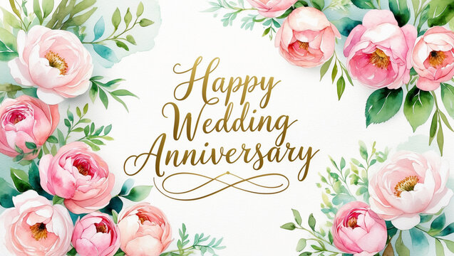 A wedding anniversary card with soft watercolor roses, peonies, and greenery on a white background, elegant gold script text reading 'Happy Wedding Anniversary' in the center