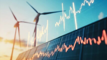 Renewable energy investment growth with solar panel and wind turbine showcasing financial graph overlay, clean energy technology driving sustainability and green energy environment innovation future - Powered by Adobe