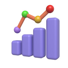 Abstract 3D bar graph showing upward trend, colorful spheres indicating growth, purple bars, isolated background