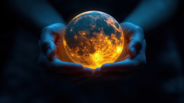 Hands Holding a Glowing, Detailed Earth-like Sphere with Network Patterns