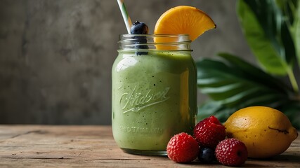 A refreshing smoothie in a mason jar with tropical fruits