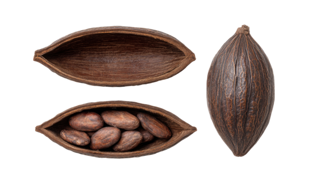 Cacao pod isolated on transparent background with open and closed shell showing beans inside