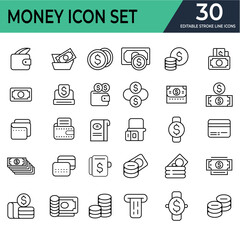money icon set Coins thin line . Editable stroke line . shopping cart, testimonials, shipping and delivery, fashion and more. Editable stroke. Vector illustration