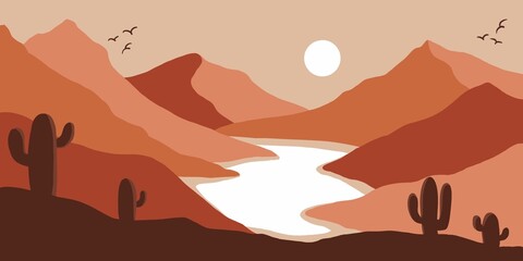 A desert landscape illustration in warm earthy tones featuring layered mountains, a winding river, cactus silhouettes, birds in the sky, and a bright sun. The scene creates a peaceful sunset atmospher