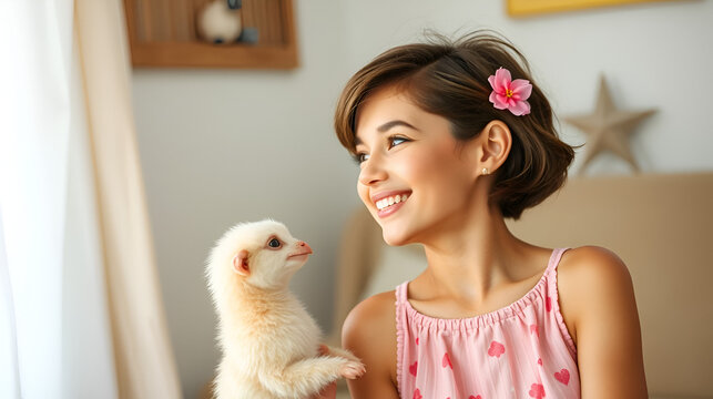 chica sonriendo; chica enviando pico; chica linda; pelo corto