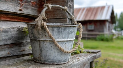 Rustic metal pail in galvanized silver with rope handle on a softly blurred farmhouse barn backdrop