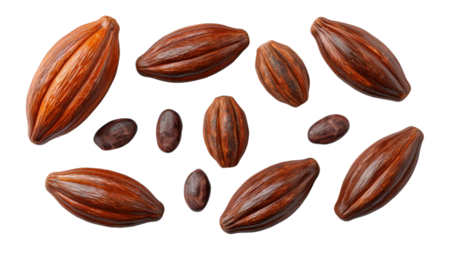 Cacao pods and beans isolated on transparent background with rich brown color and natural texture
