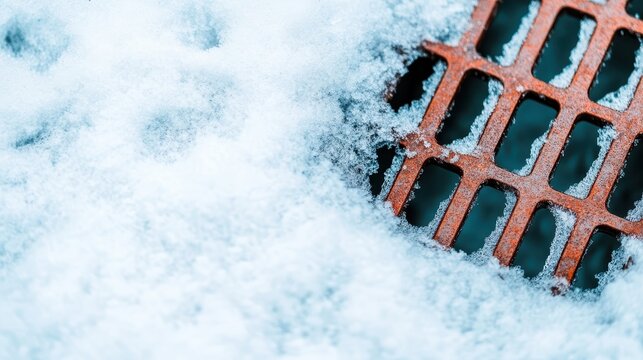 This intriguing close-up captures a rusty grate partially covered in snow, expressing the contrast of decay and beauty in winter’s chilly embrace, evoking thoughts on time and nature.