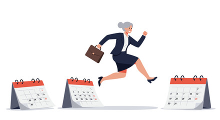 Businesswoman jumping over calendars illustration - time management concept for success and career growth vector illustration
