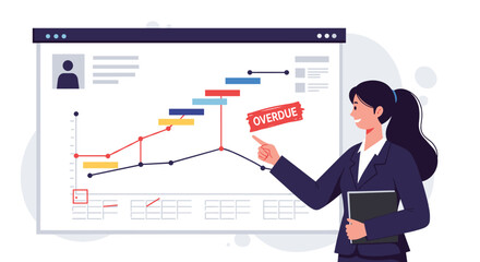 Business project management with gantt chart analysis and deadline alert vector illustration