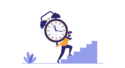 Time management concept with man climbing stairs holding clock for productivity and success vector illustration