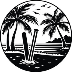 Silhouette of Beach Cricket Bat and Stumps