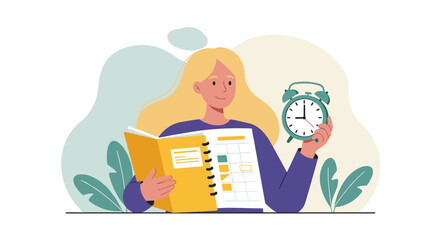 Time management concept with woman holding clock and planner for effective scheduling vector illustration
