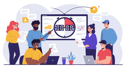 Naklejka premium Team collaboration and time management in office environment vector illustration