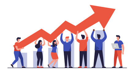 Team celebrating success with rising arrow chart for business growth and motivation vector illustration
