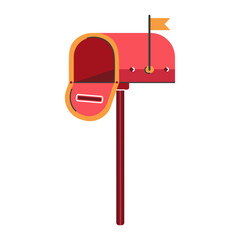 Open mailbox, vector icon. Red post box for sending, receiving letters, documents. Mail container stands on a pillar with a raised flag. Metal letterbox. Hand drawn doodle, flat cartoon illustration
