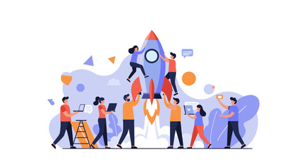 Obraz premium Teamwork and innovation concept with people launching a rocket for success in business and technology vector illustration