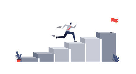 Business success concept with businessman climbing 3d steps towards red flag goal achievement vector illustration
