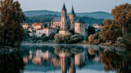 Obraz premium A serene town reflected in a calm lake